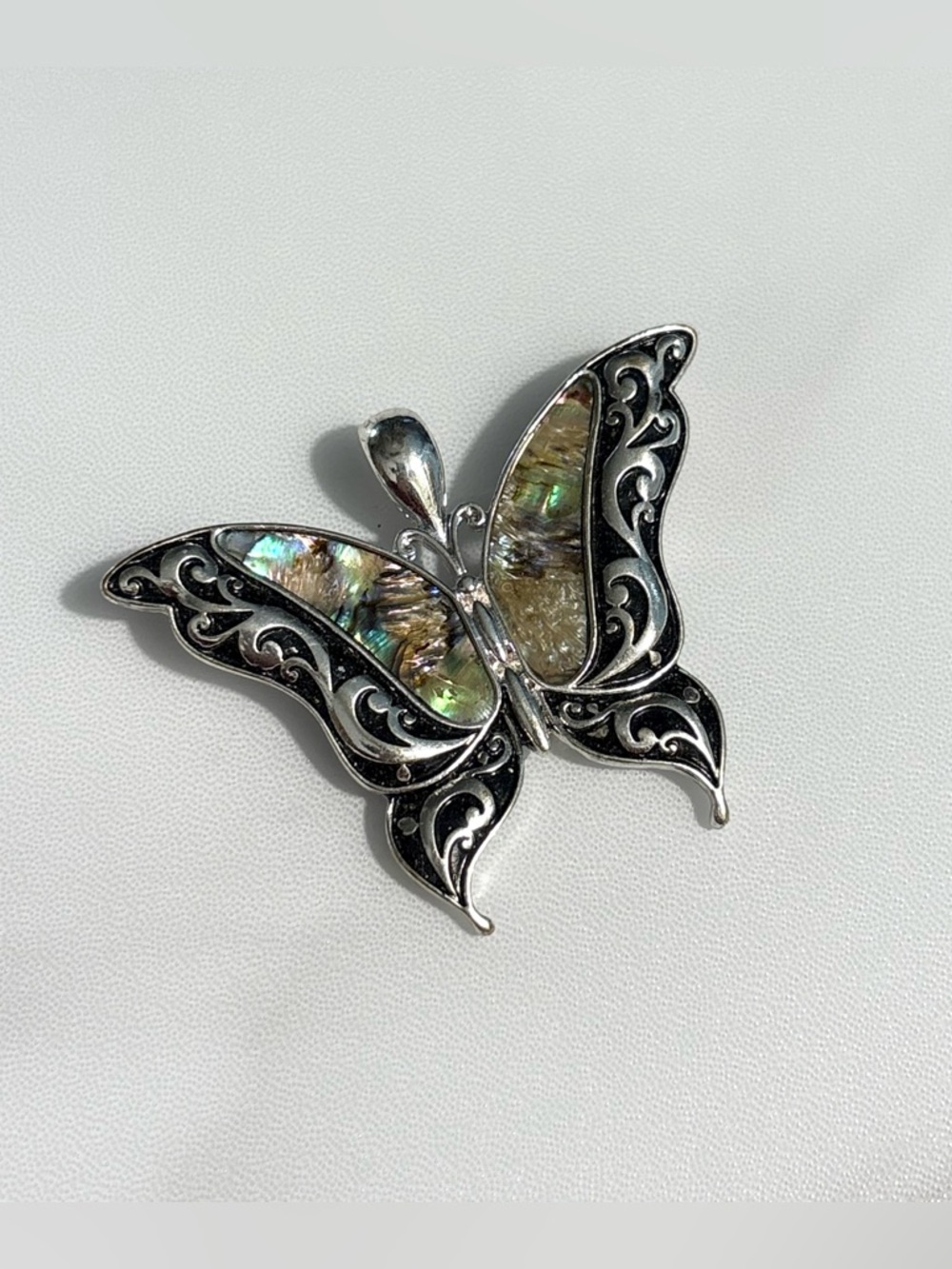 Big Silver Tone Inlay Abalone Shell Butterfly Pendant